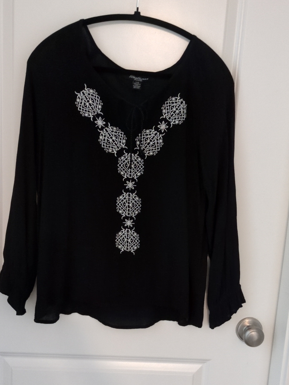 Black Long-Sleeve Top with White Embroidery